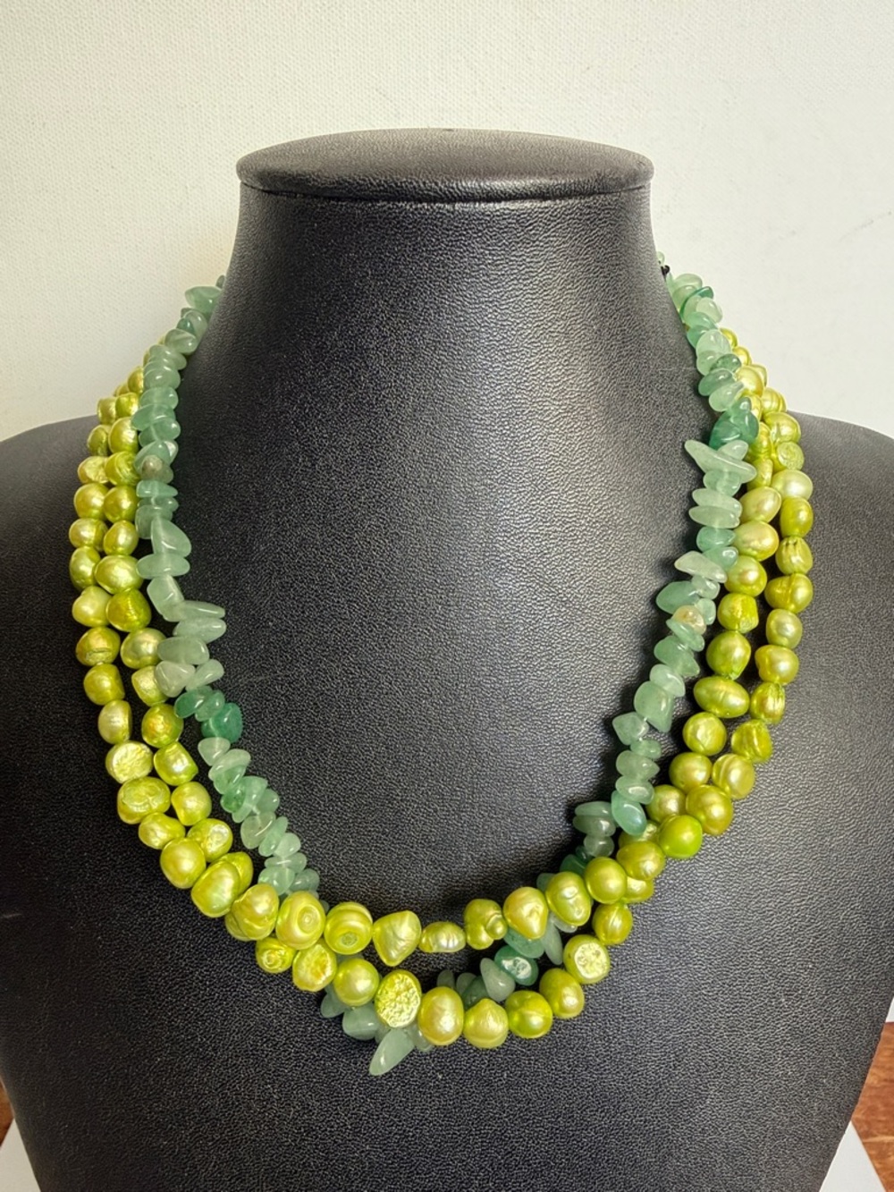 Green Layered Beaded and Pearl Necklace